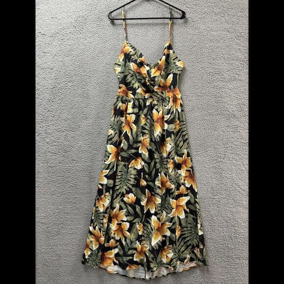 Willotis Dress Womens 2X Green Orange Floral Hawaiian Tie Back Midi Stretch - Picture 1 of 12